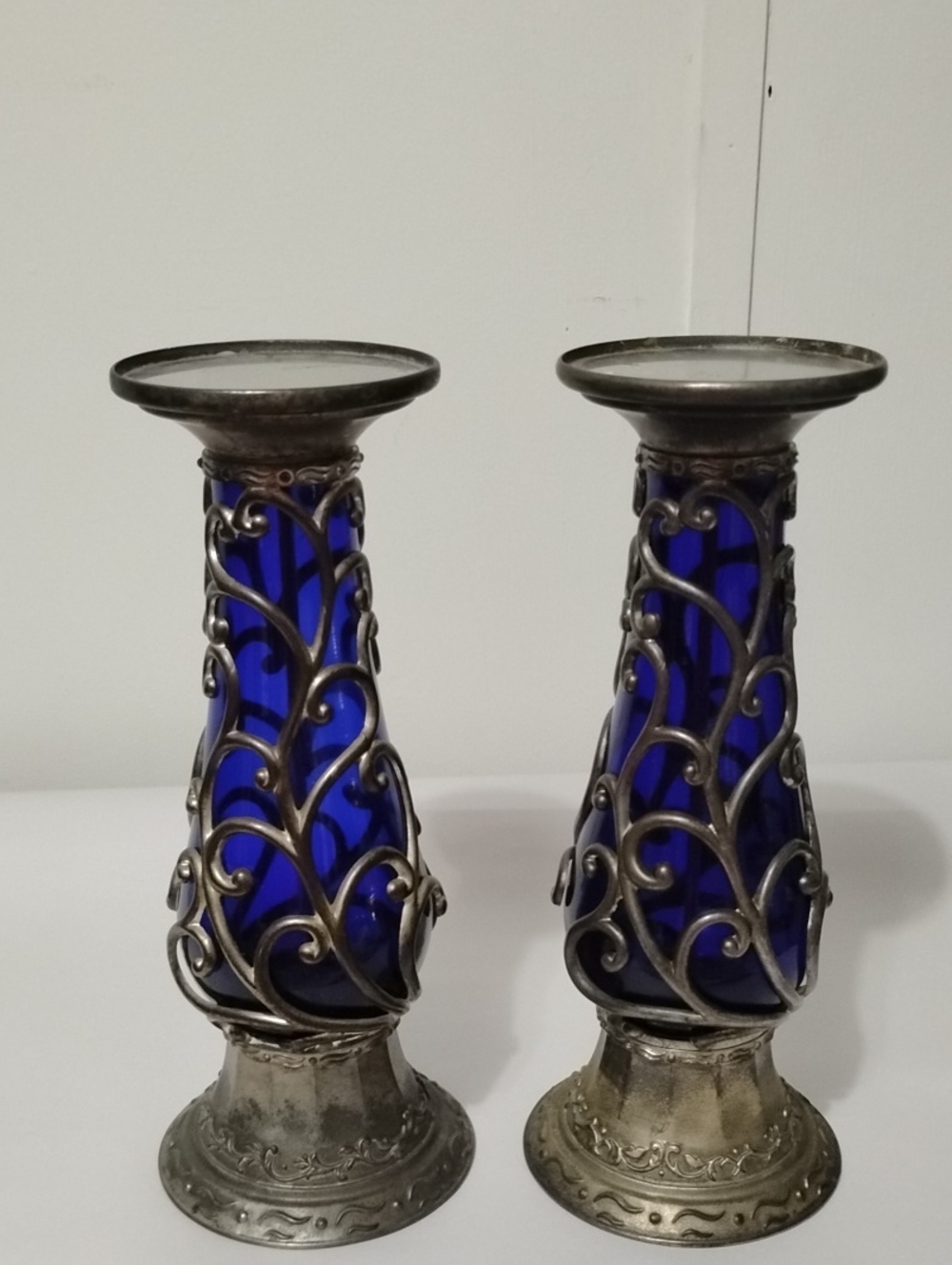 Vintage Cobalt Blue Glass Candle Holders with Silver Filigree Candle Holder 10"